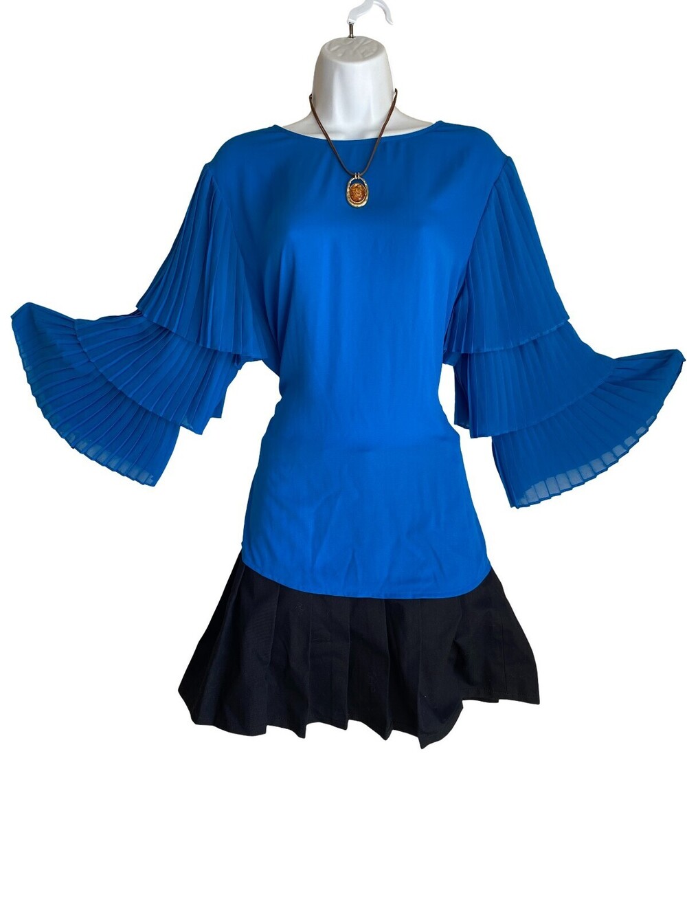 Vintage Worthington Plus XL Royal Blue Pleated Bell Sleeve Blouse Boho Whimsigoh